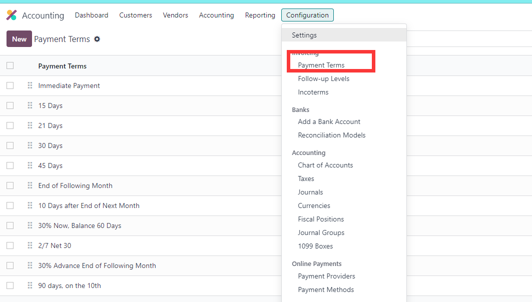 Payment terms menu