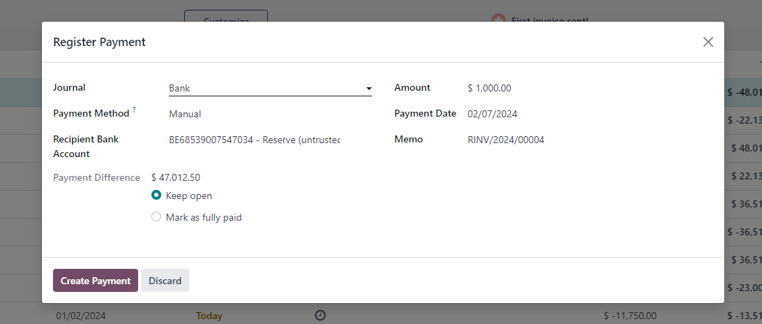 Partial payment amount