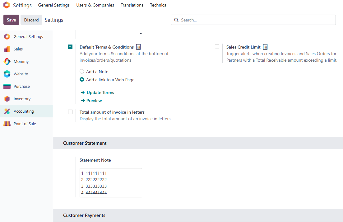 Customer statement terms setting