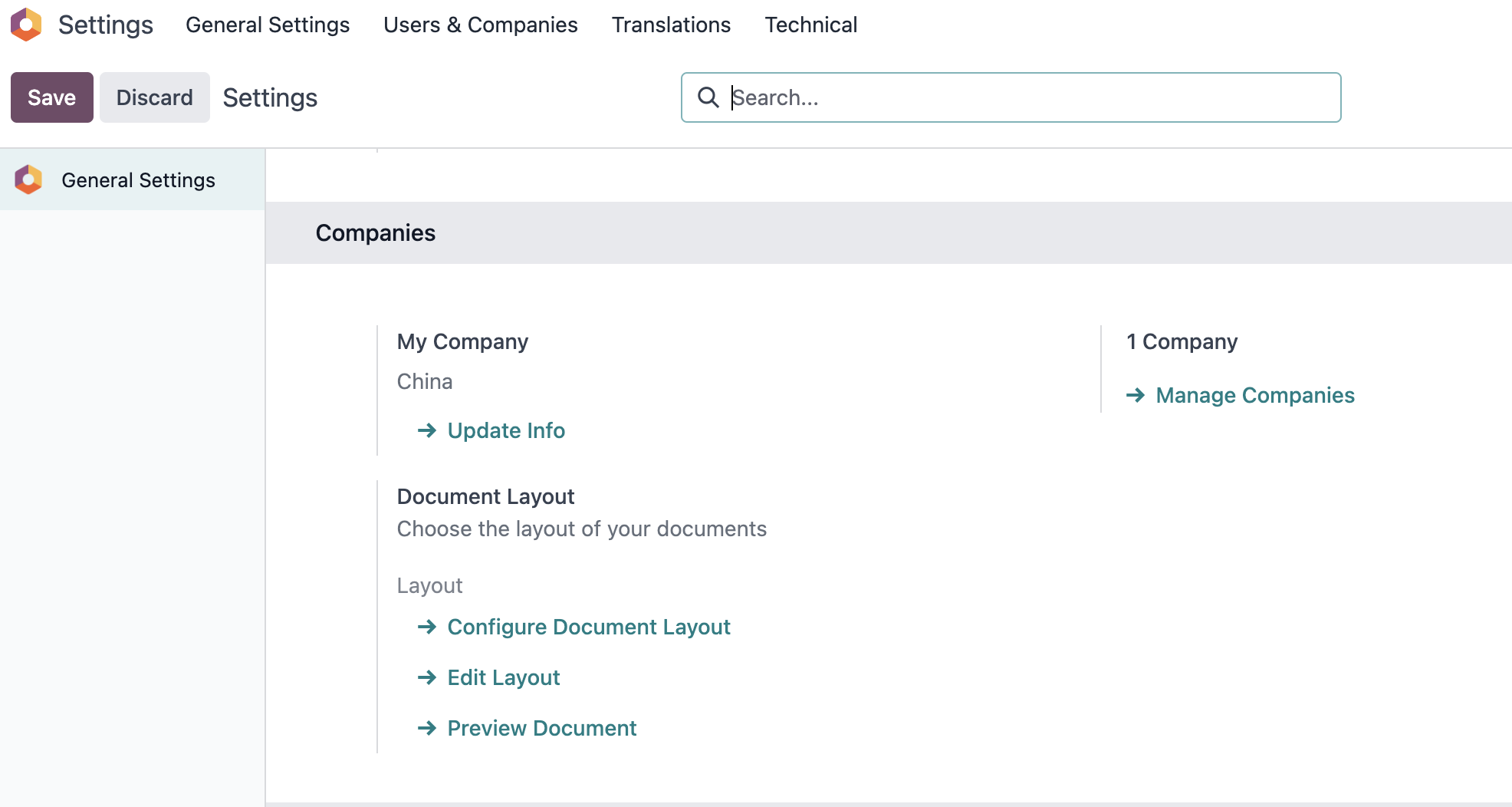 Company settings entry