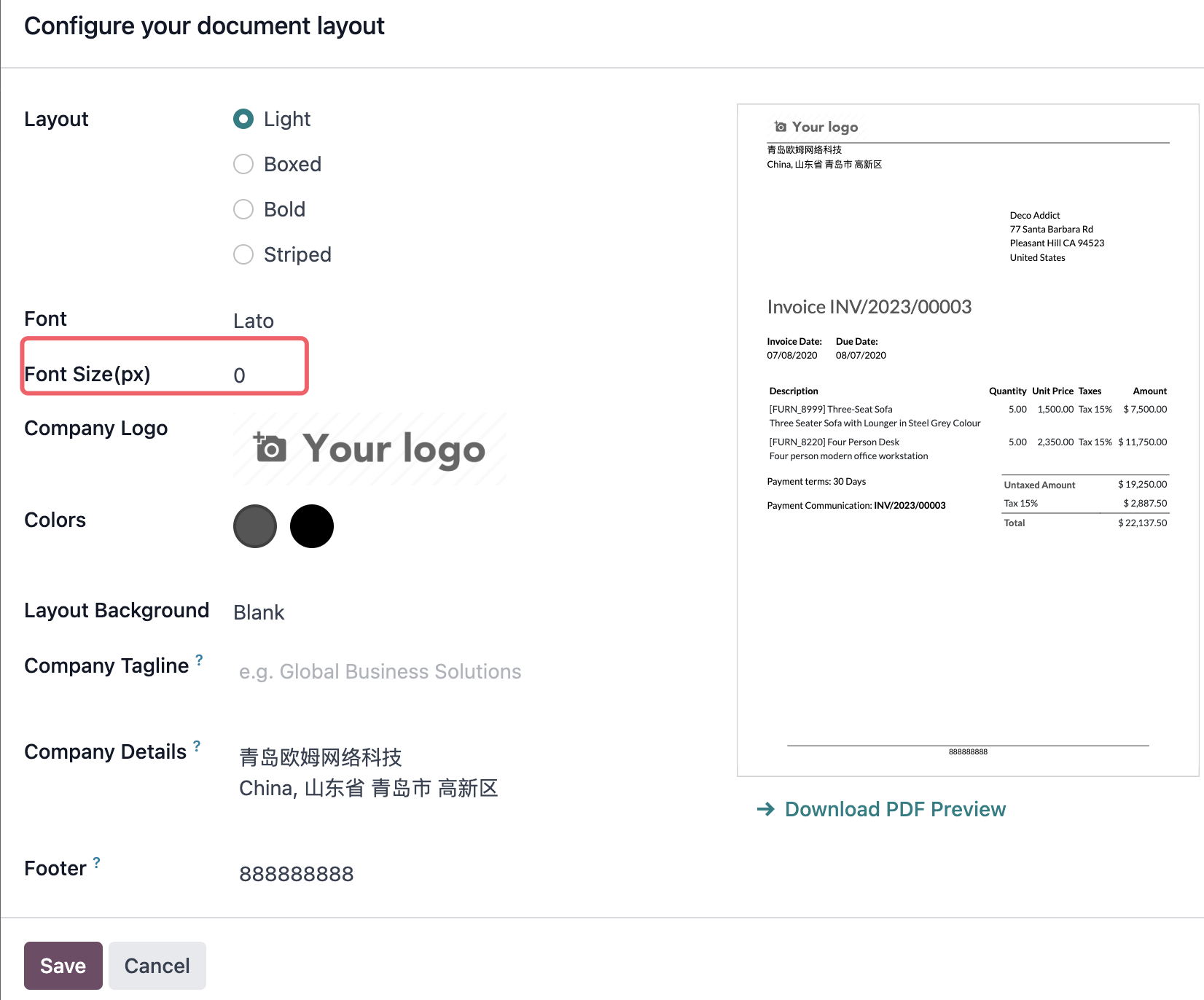 Report font setting example