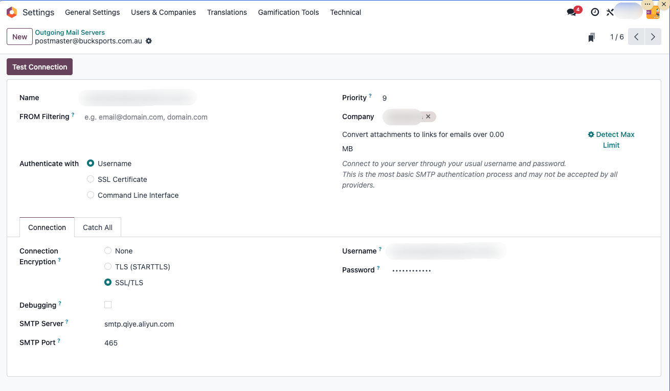 Outgoing server company configuration