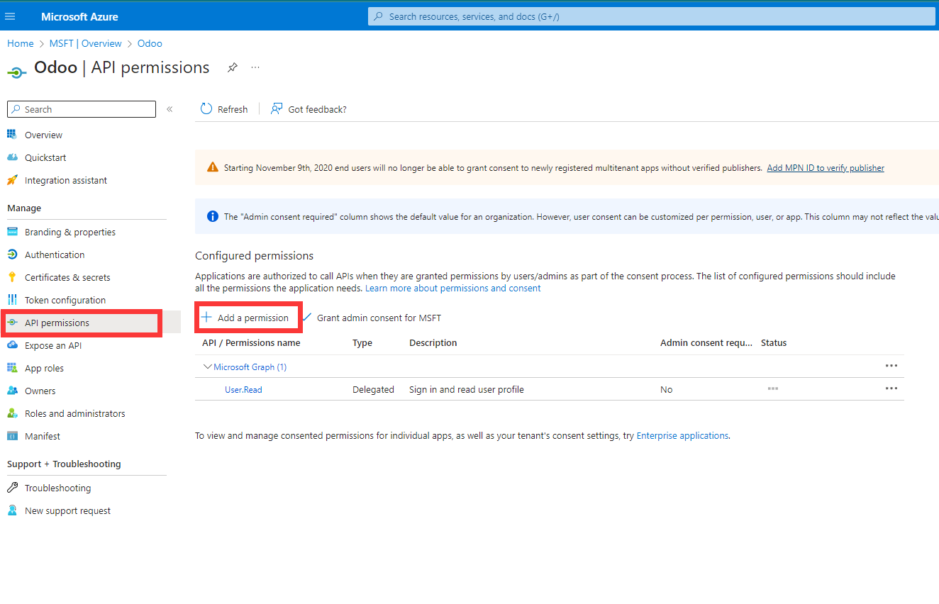 Office 365 API permissions entry
