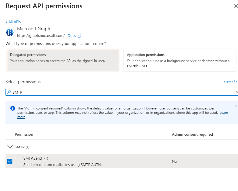 Office 365 API permission selection