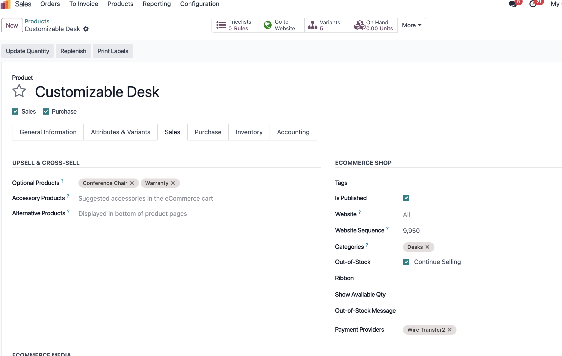Product payment method setting