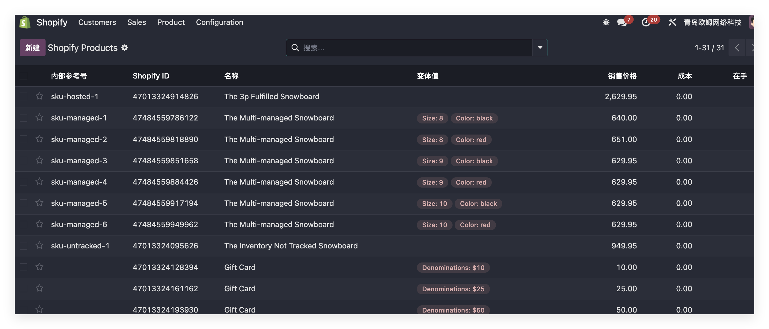 Shopify variants in Odoo