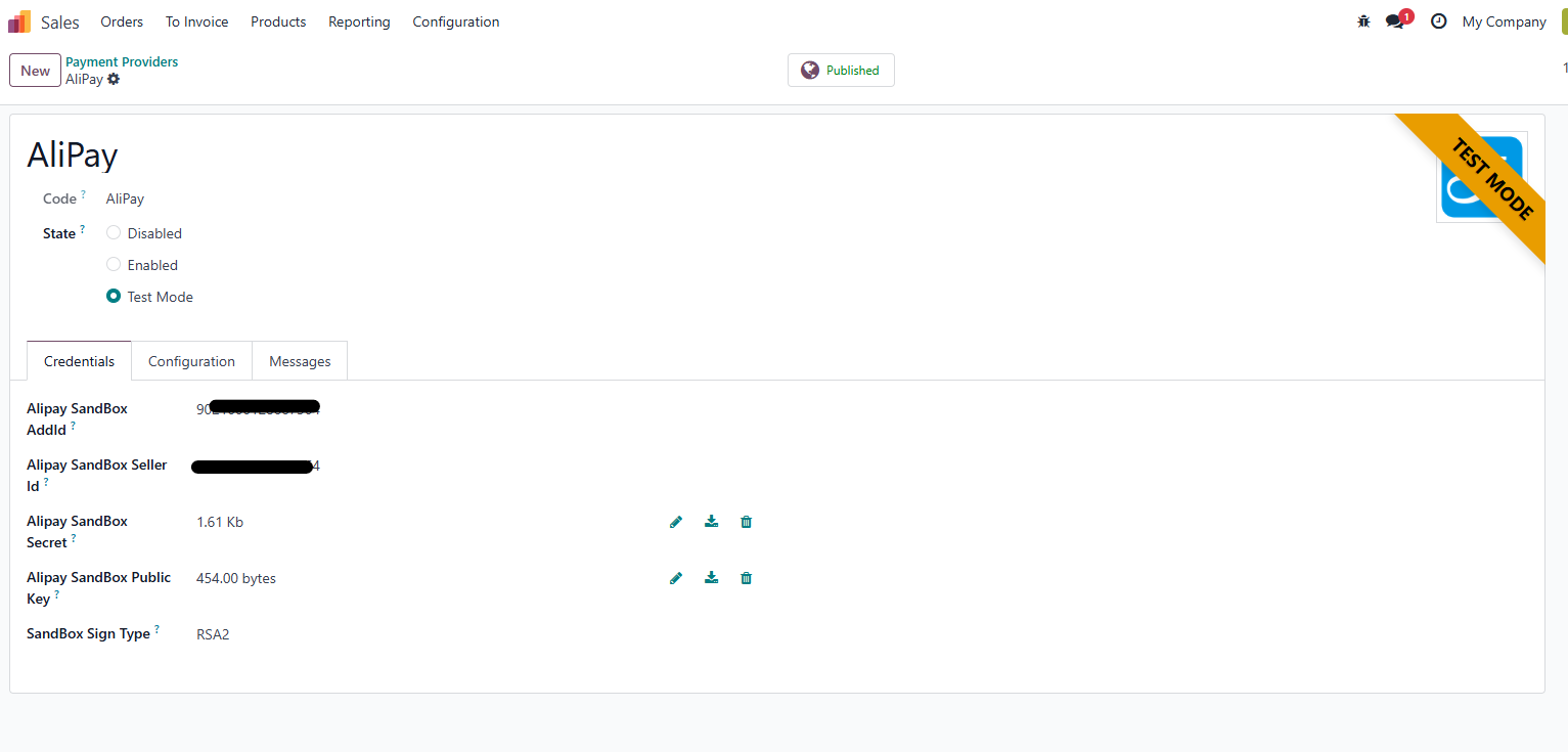 Alipay provider settings