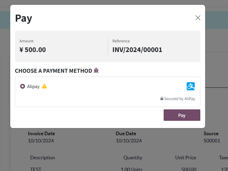 Pay invoice with Alipay