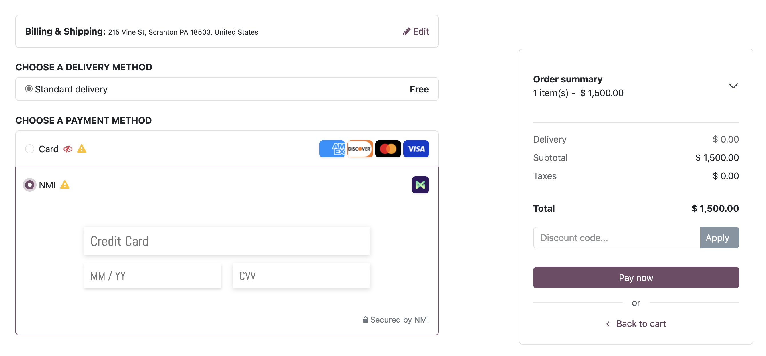 NMI checkout form
