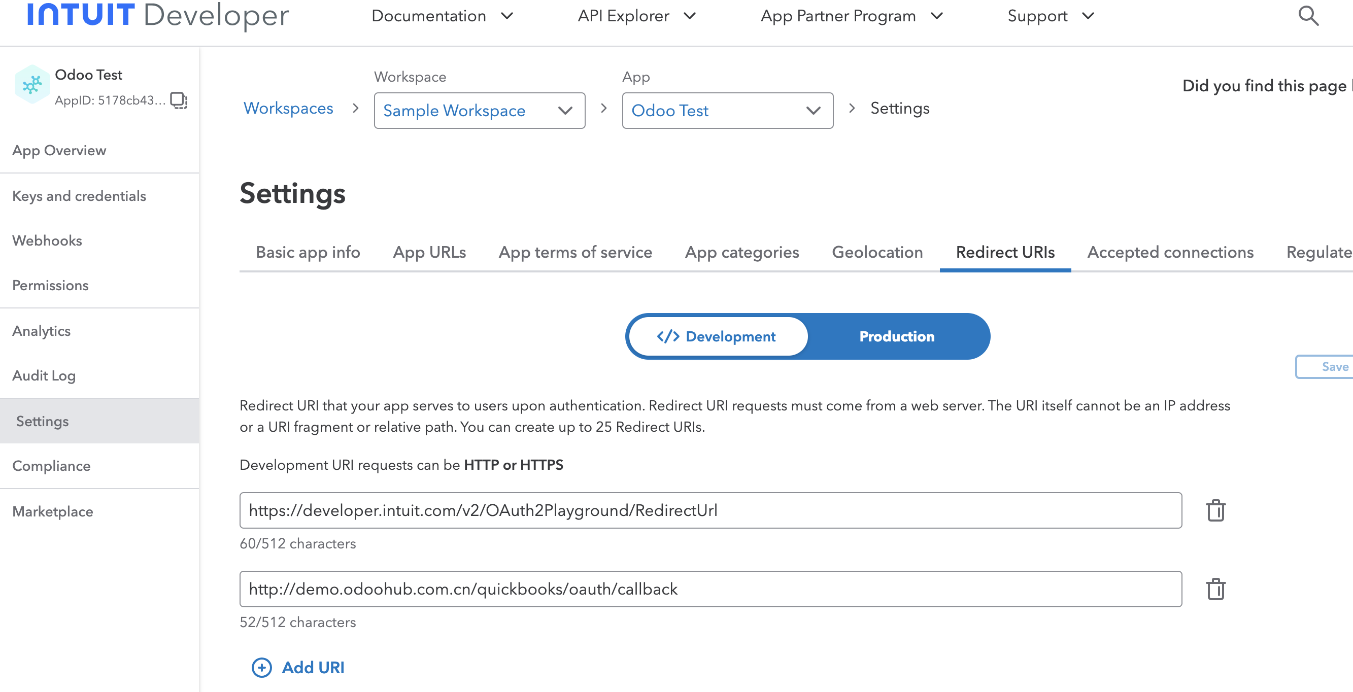 QuickBooks redirect URI