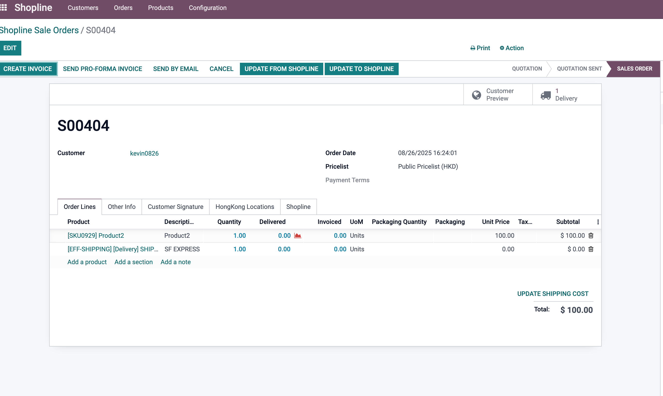 Shopline order with delivery method