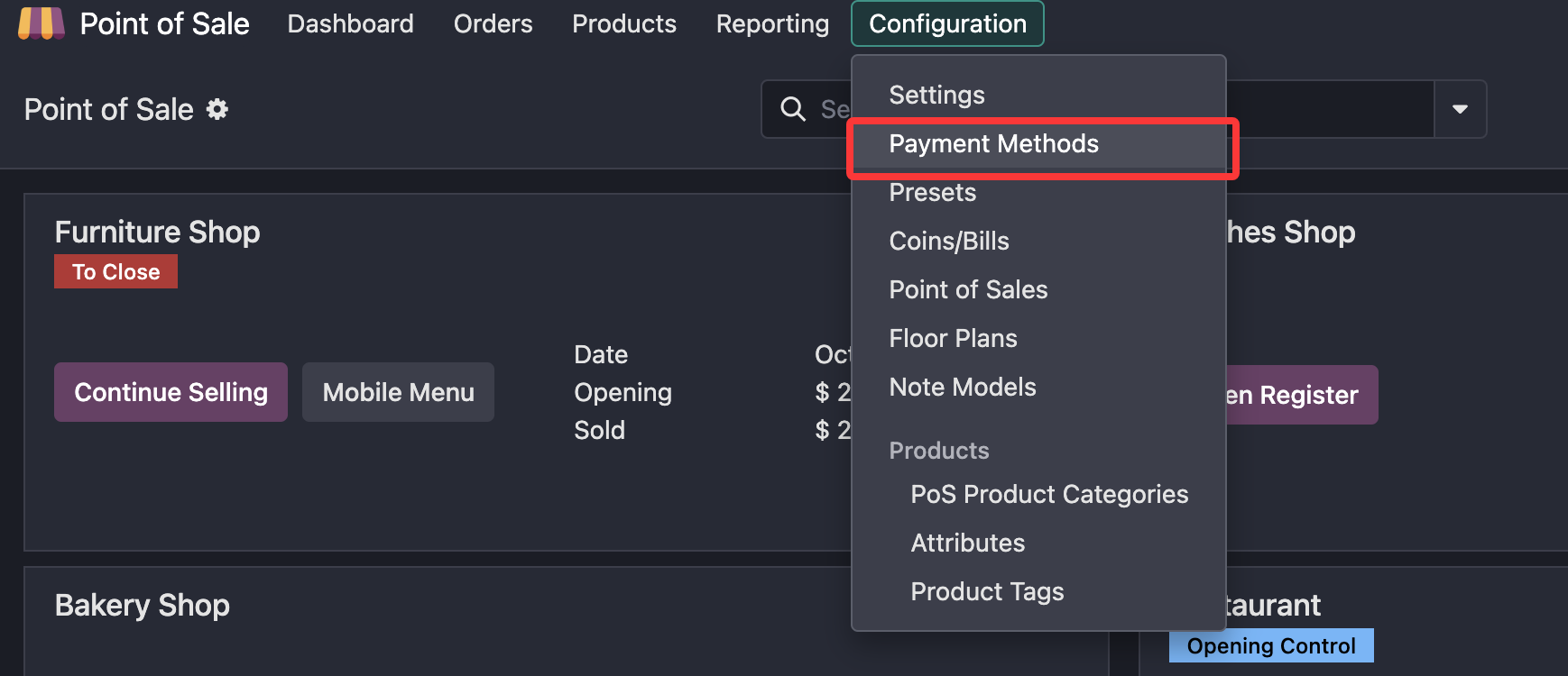 Payment methods menu