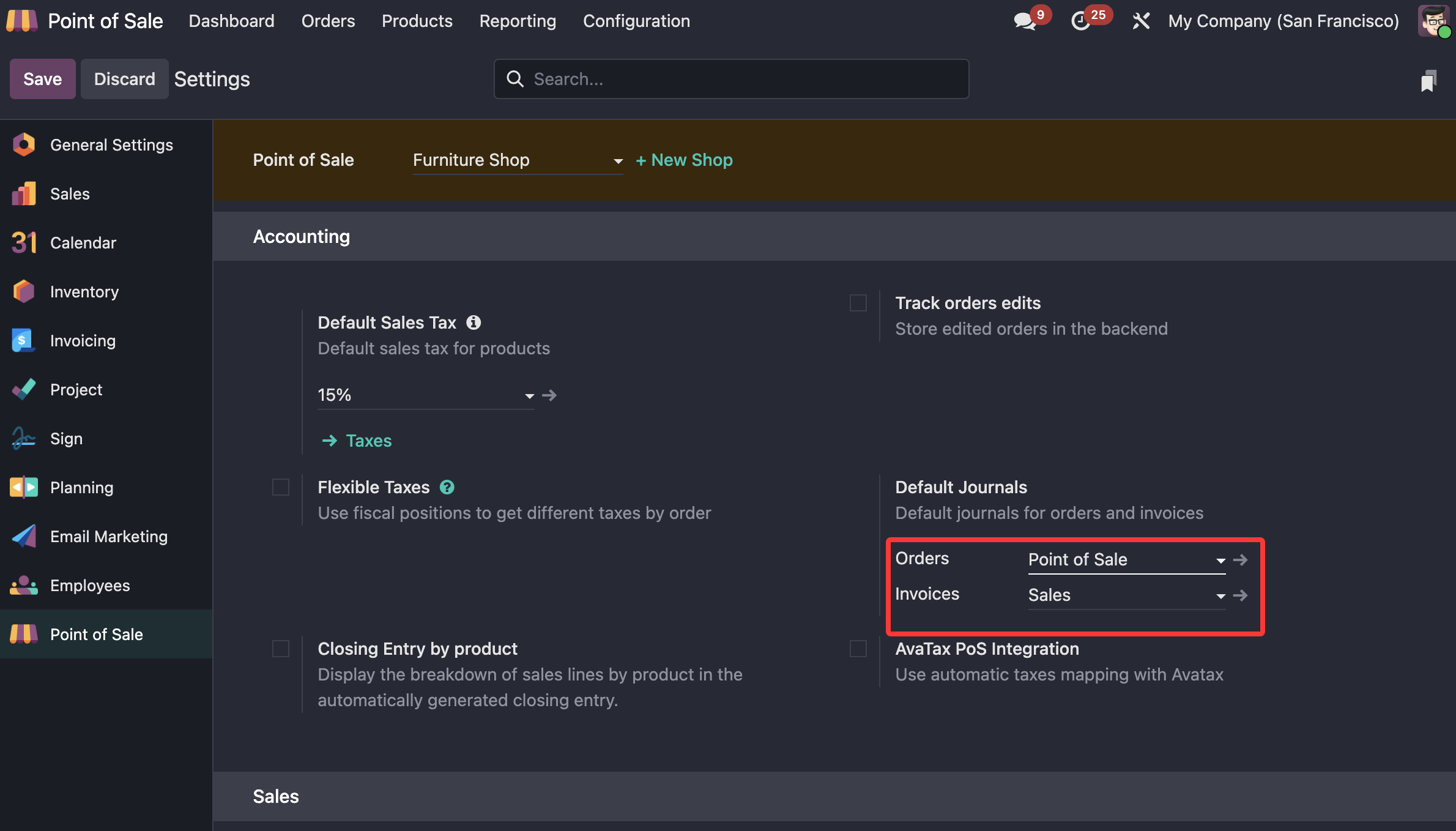 Default invoice journal
