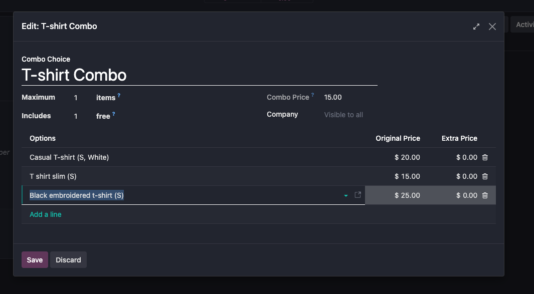 Combo extra price