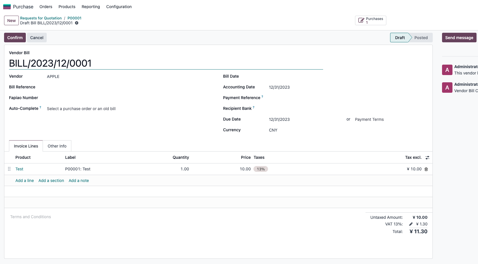 Vendor bill result