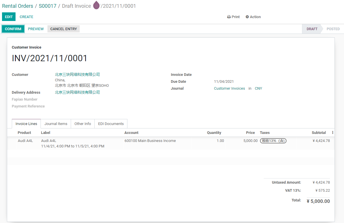 Rental invoice